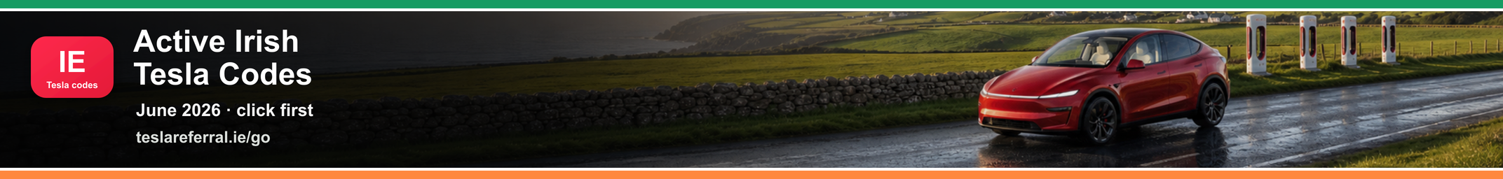 Active Irish Tesla codes banner with red Model Y Performance in an Irish green field